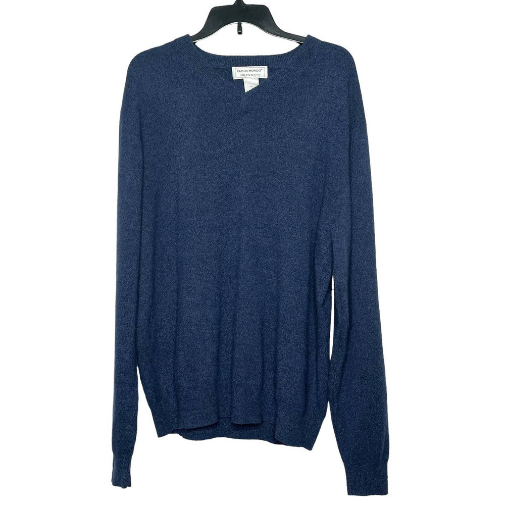 Paolo Mondo Two Ply 100% Cashmere Navy Blue Men's V Neck Sweater XL
